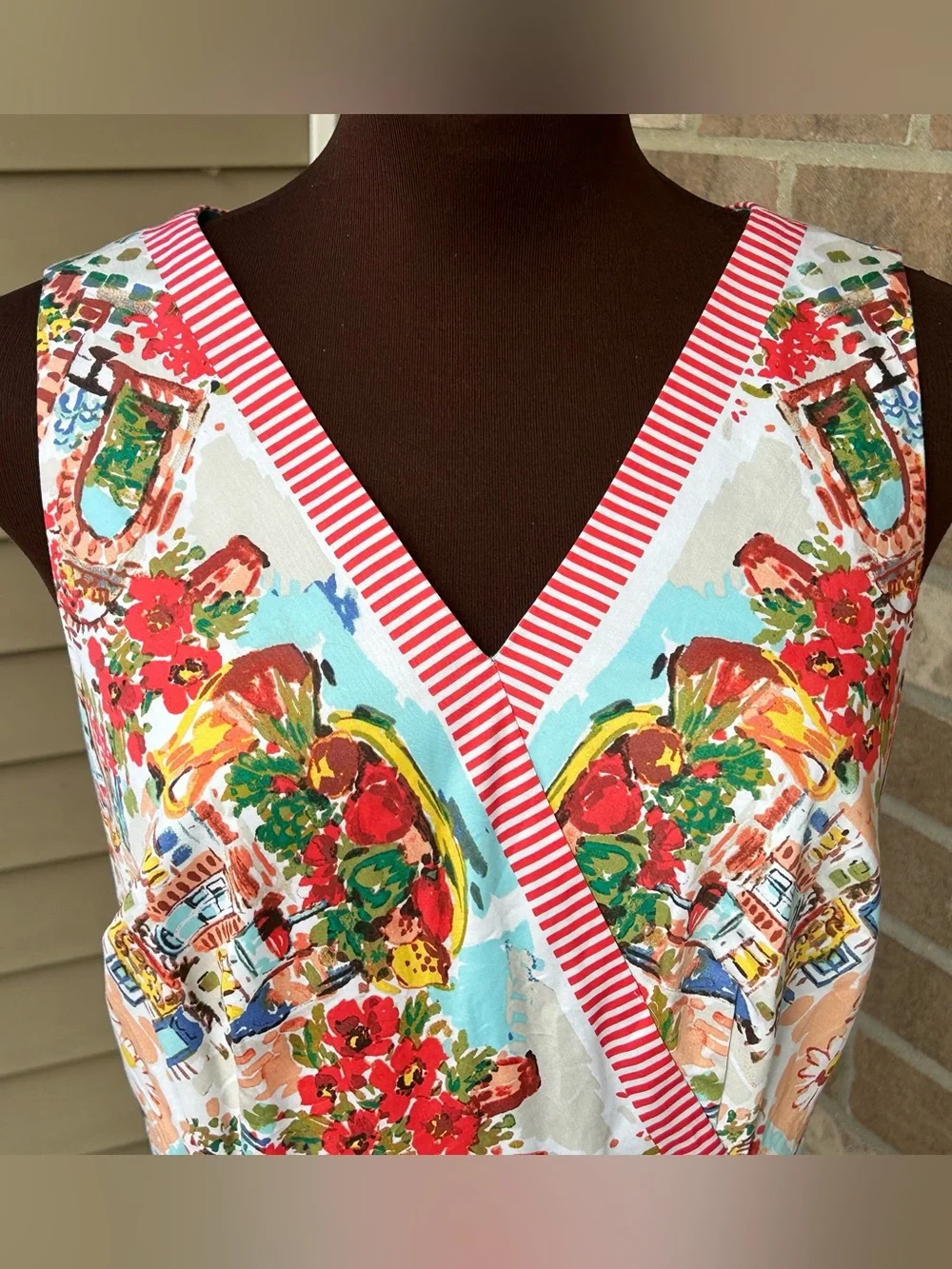 Talbots White Midi Dress with Red & Light Blue Floral Border Print - Picture 2 of 8
